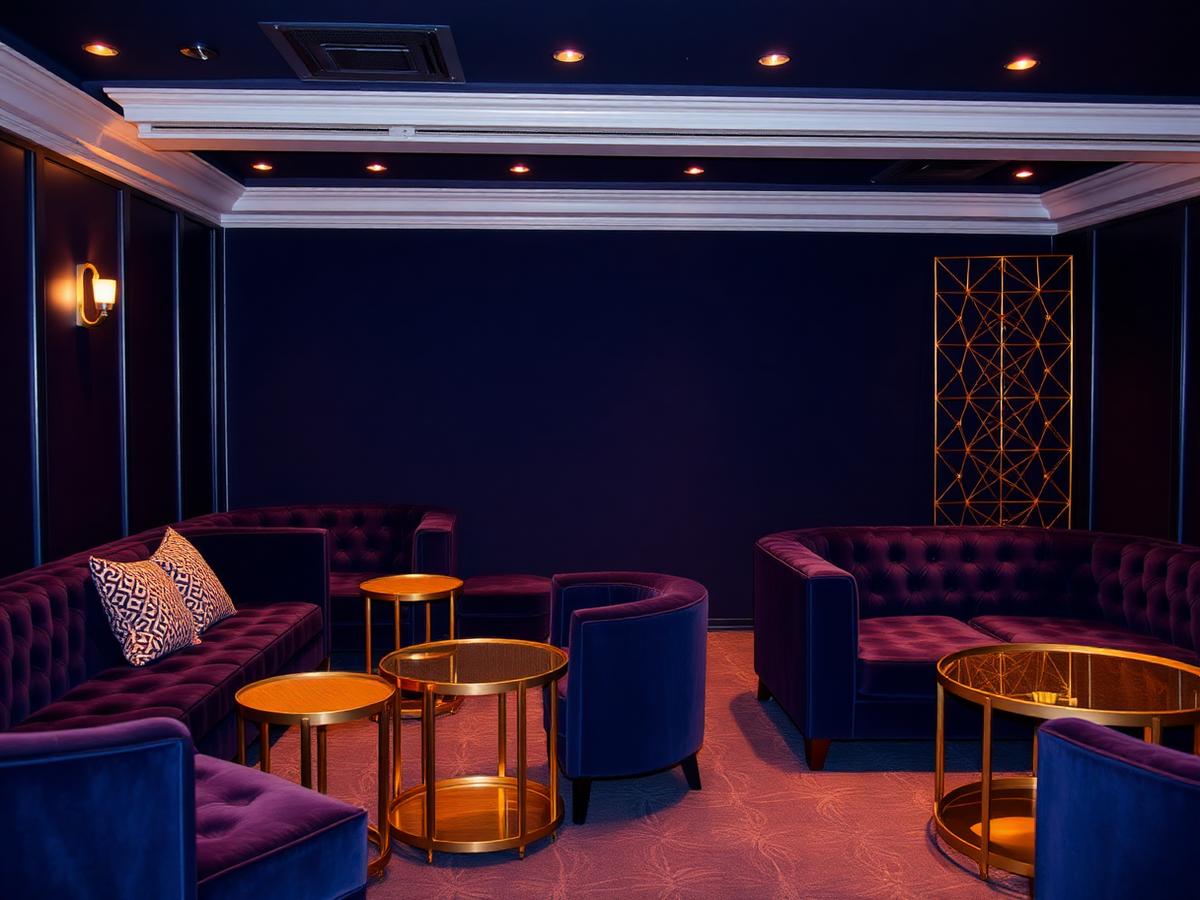Private VIP lounge with navy velvet seating and gold accents