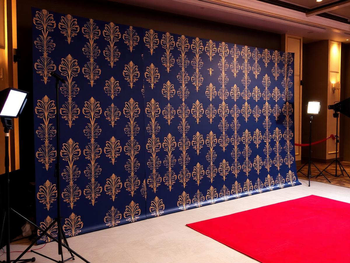 Professional photo backdrop with navy and gold step-and-repeat
