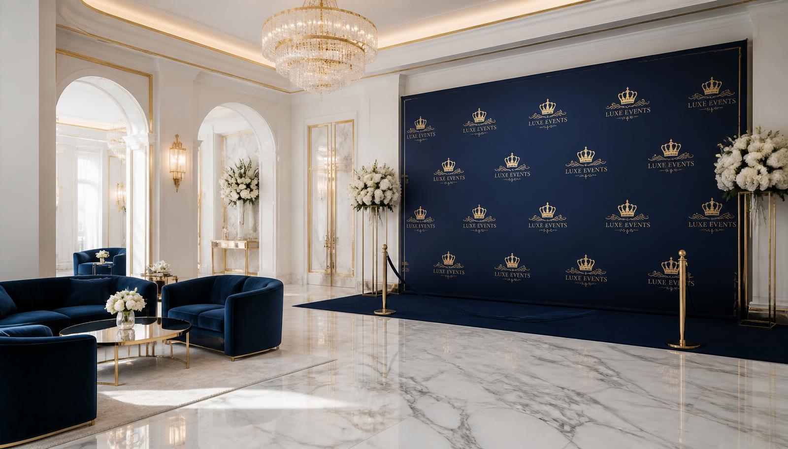 Bright luxury event lounge with navy seating and gold accents